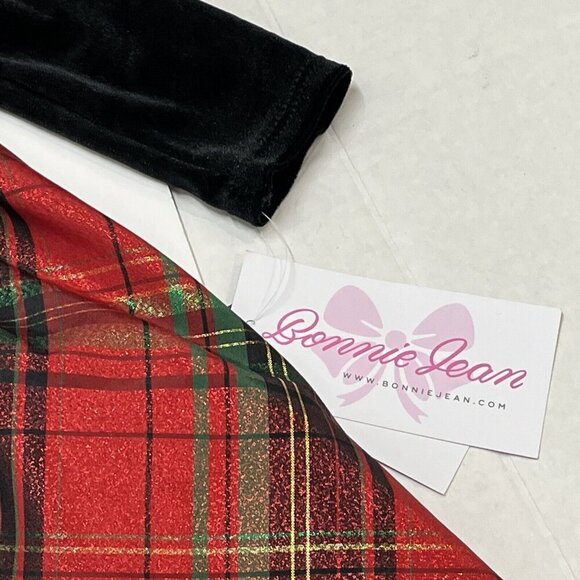Bonnie Jean Holiday Dress Girls 2T Black Velvet Plaid Taffeta Green Glitter Bow - Picture 3 of 7